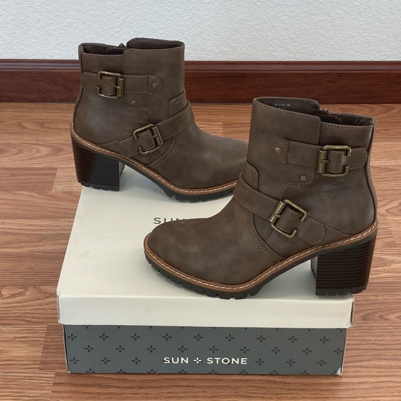 Sun + Stone Evellyn Boots Size 6.5 Taupe NIB Buckled Straps & Block Heel - Picture 7 of 7